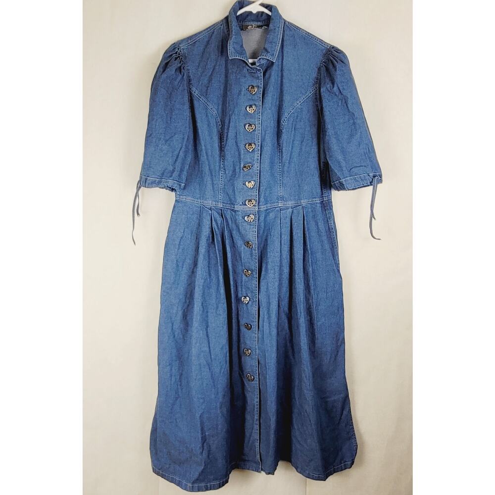 Vintage Julius Lang blue denim puff sleeve button up shirt dress XL Western Boho